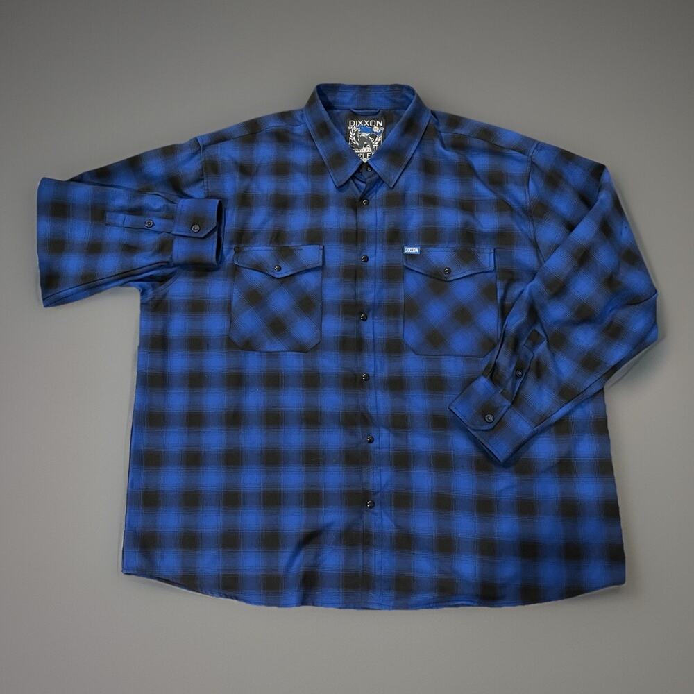 Dixxon Circle Pit Blue Black Plaid Flannel Men’s Size 5XL Pearl Snap EUC RARE